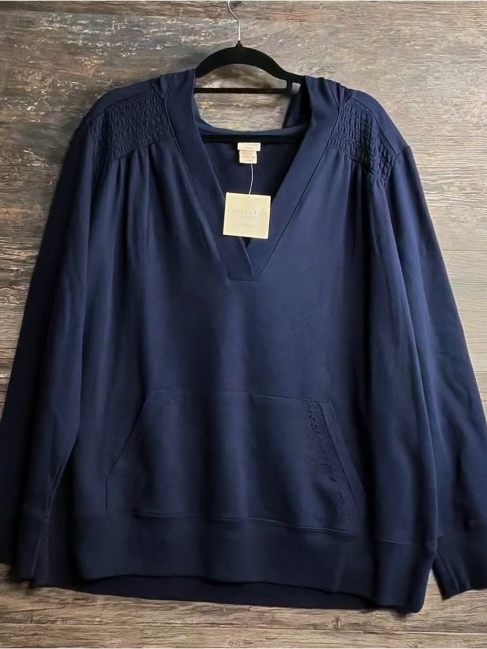 Covington Deep Navy V-Neck Pullover with Smocked Shoulders